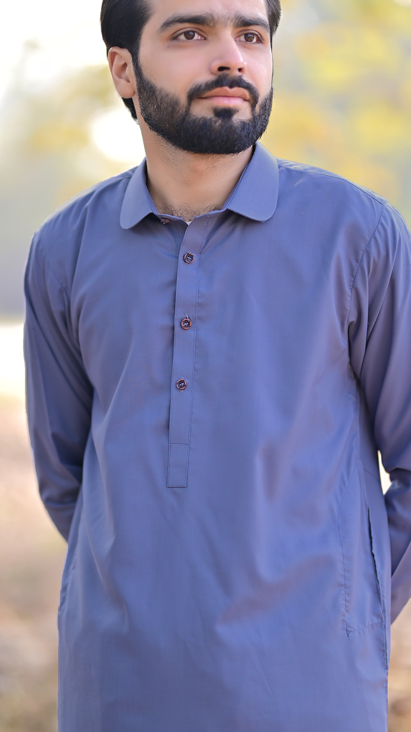 Premium Stitched Suit - Greyish Blue Collar