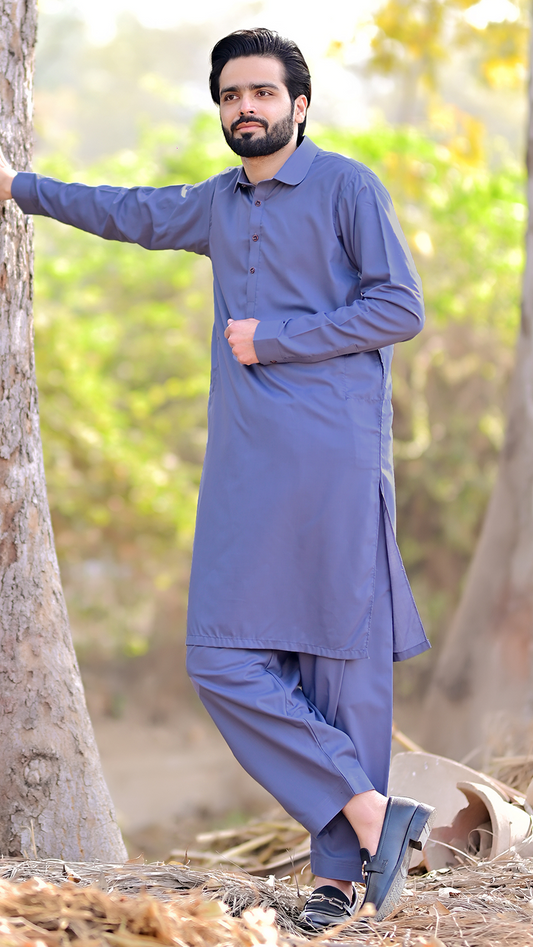 Premium Stitched Suit - Greyish Blue Collar