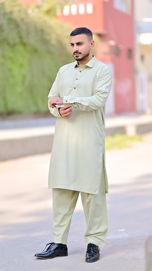 Premium Stitched Suit - Pistachio Green Collar