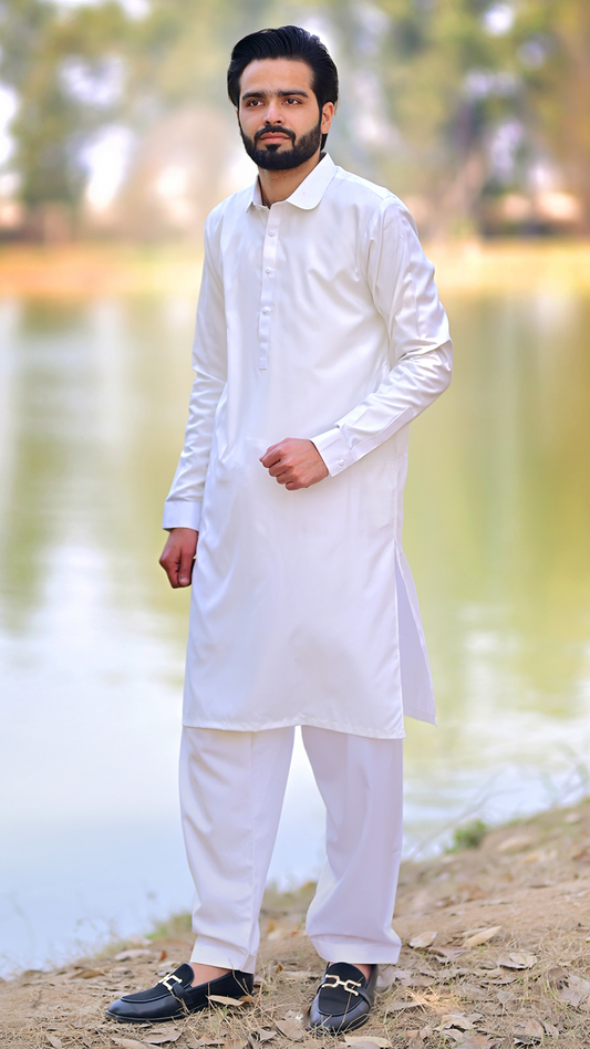 Basic Stitched Boski Suit - Off White Collar